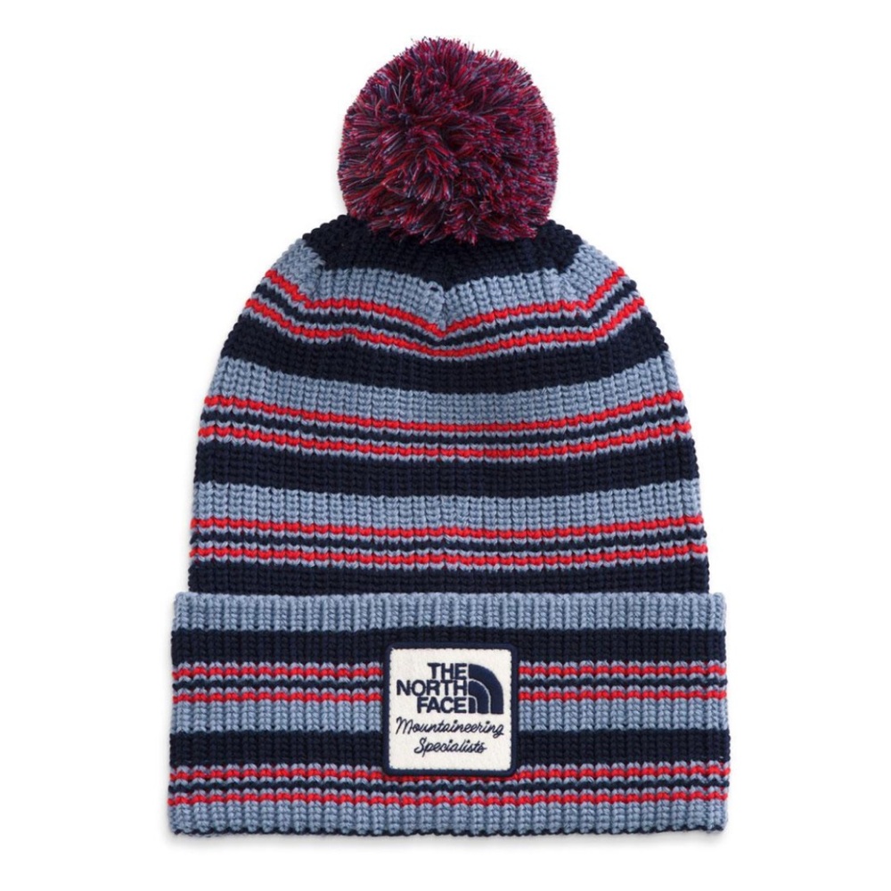 NWT North Face Heritage Striped Pom Beanie Hat, Blue/Red